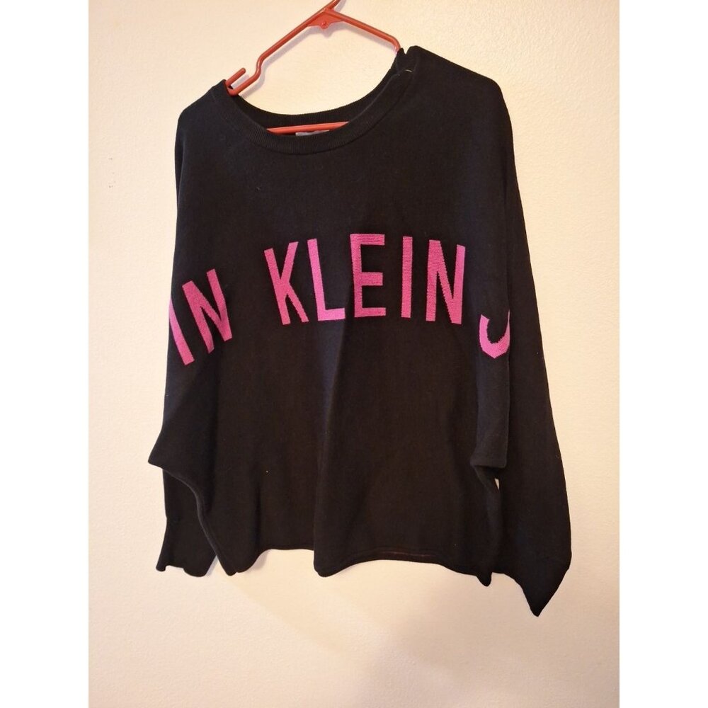 Calvin Klein Black Jeans Logo Knit Sweater L LG Cotton Pink Batwing Pullover